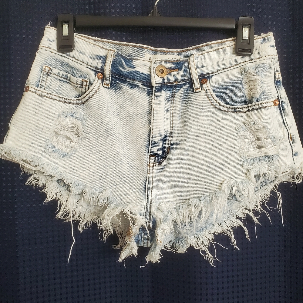 Bullhead Blue Distressed High Rise Jean Shorts with Frayed Hem